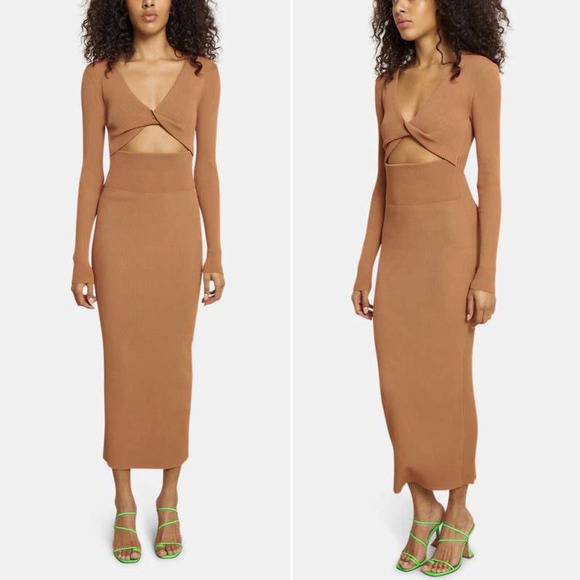 House of Harlow 1960 Long Sleeve Twist Front Ribbed Fitted Midi Dress Size Large - Picture 1 of 12